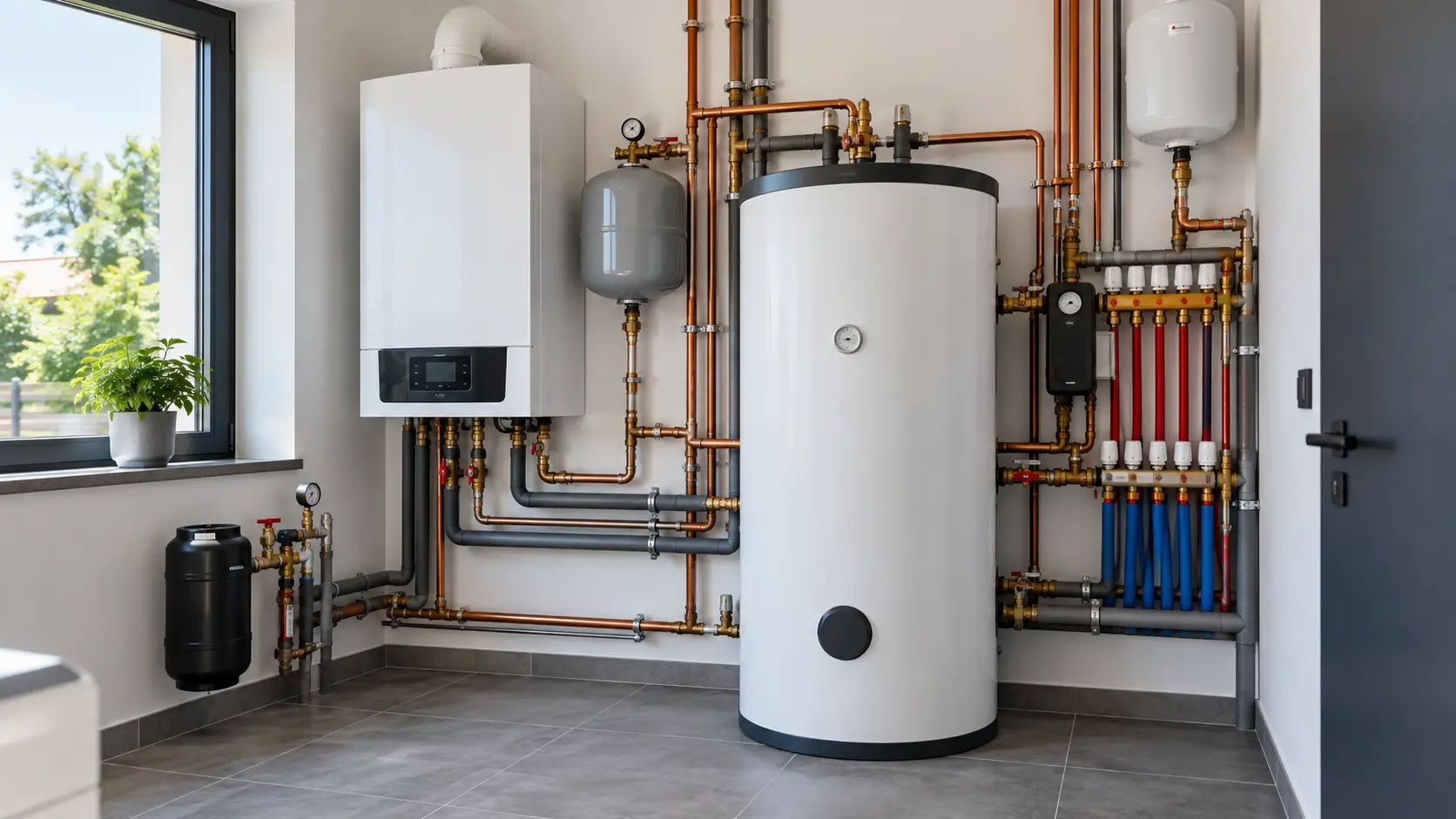 Nowoczesny kocioł gazowy z instalacją i zasobnikiem ciepłej wody