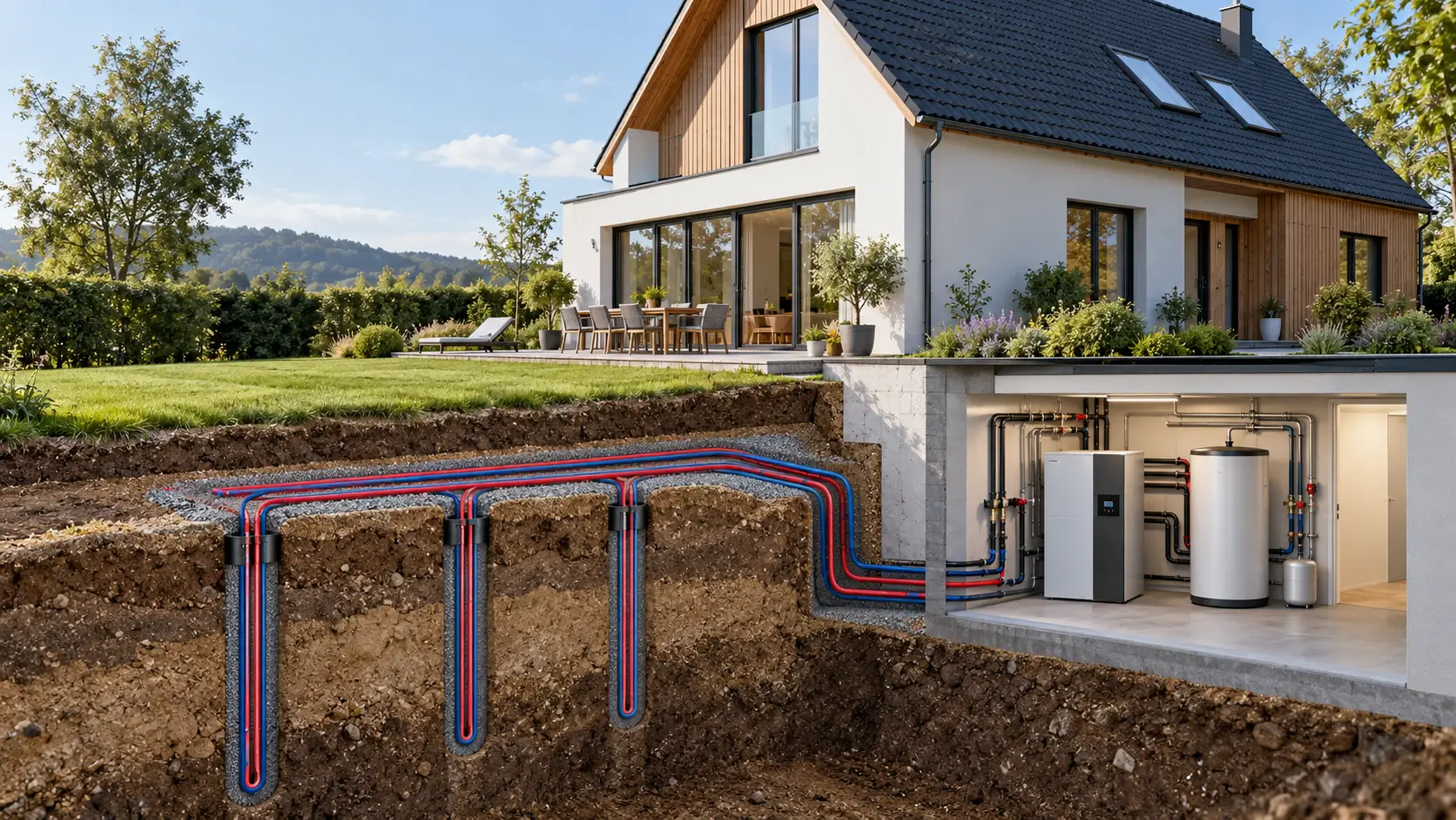 Instalacja gruntowej pompy ciepła przy domu jednorodzinnym